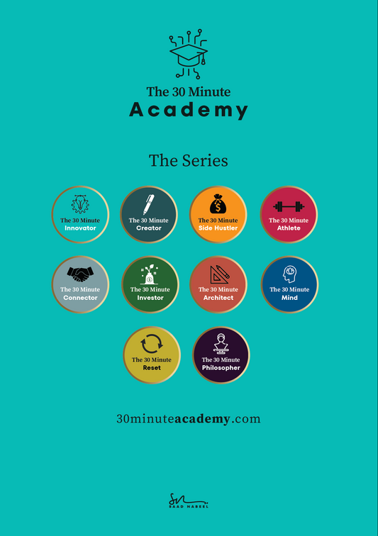 Cover of 'The 30 Minute Academy' series with icons and website URL on a teal background