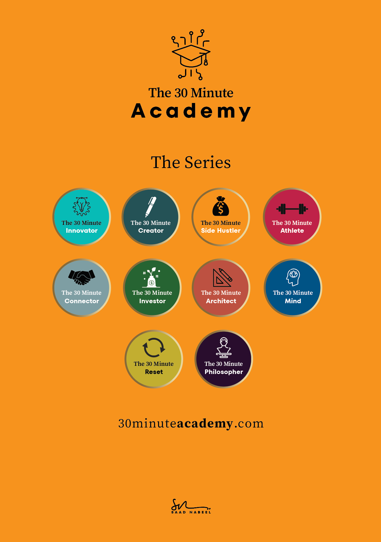 Cover of 'The 30 Minute Academy' series with various icons and branding on an orange background.