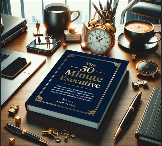 A hardcover copy of The 30 Minute Executive by Saad Nabeel placed on an elegant executive desk with coffee, gold clock, notebook, and smartphone — symbolizing focus, productivity, and leadership.”