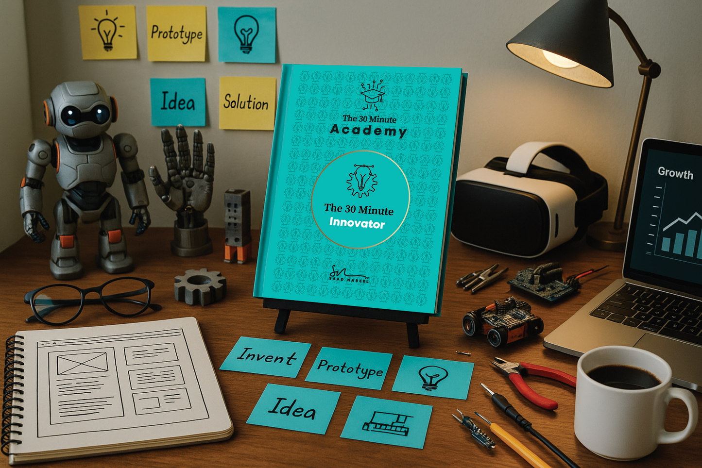 A detailed innovator’s desk featuring “The 30 Minute Innovator” book displayed on a stand, surrounded by a small robot, robotic hand model, VR headset, laptop with a growth chart, wireframe sketchbook, microcontroller boards, prototype tools, sticky notes labeled “Idea,” “Prototype,” and “Invent,” all arranged on a bright, creative workspace.