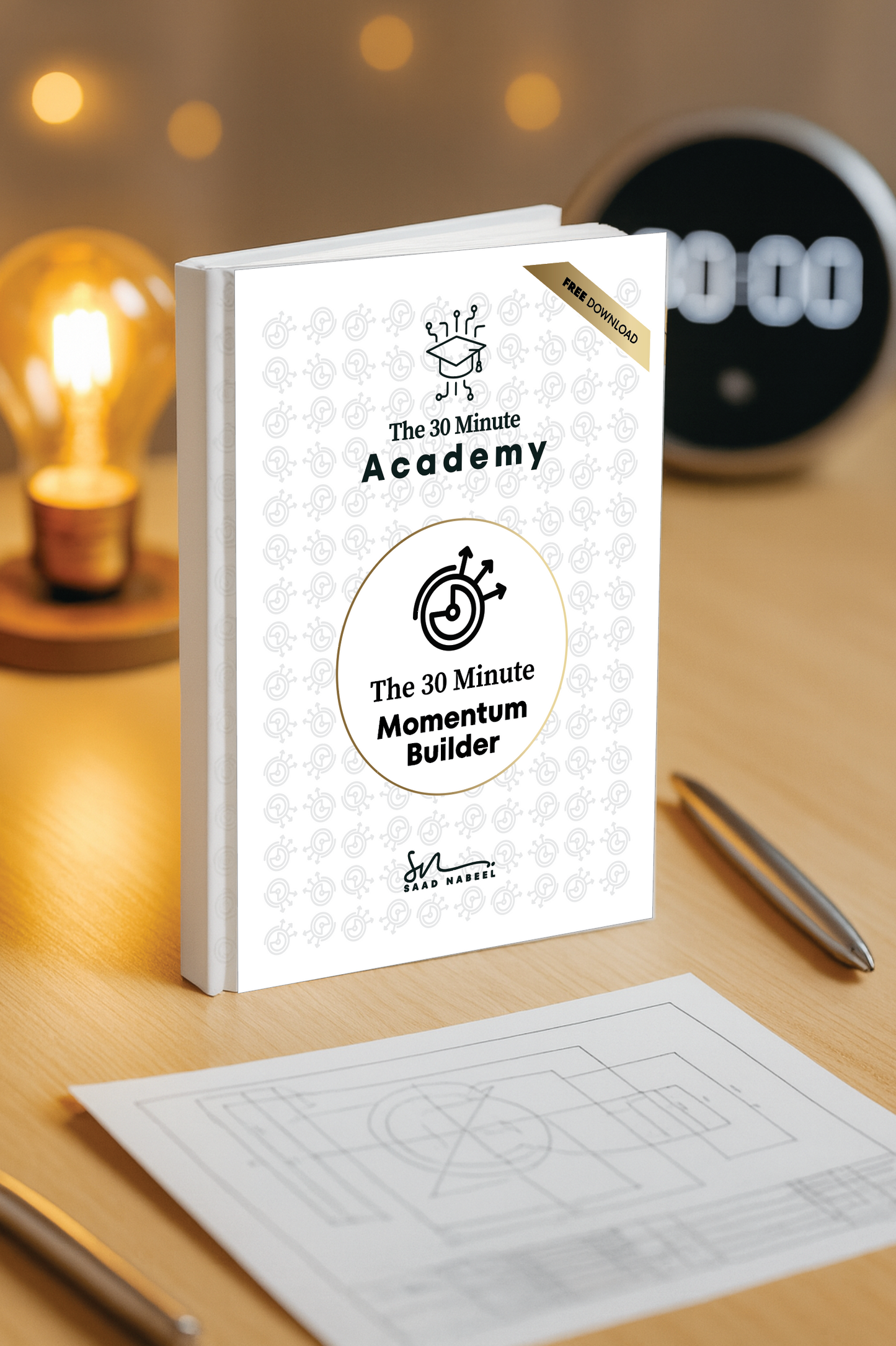 Book titled 'The 30 Minute Academy' on a desk with a light bulb and clock in the background