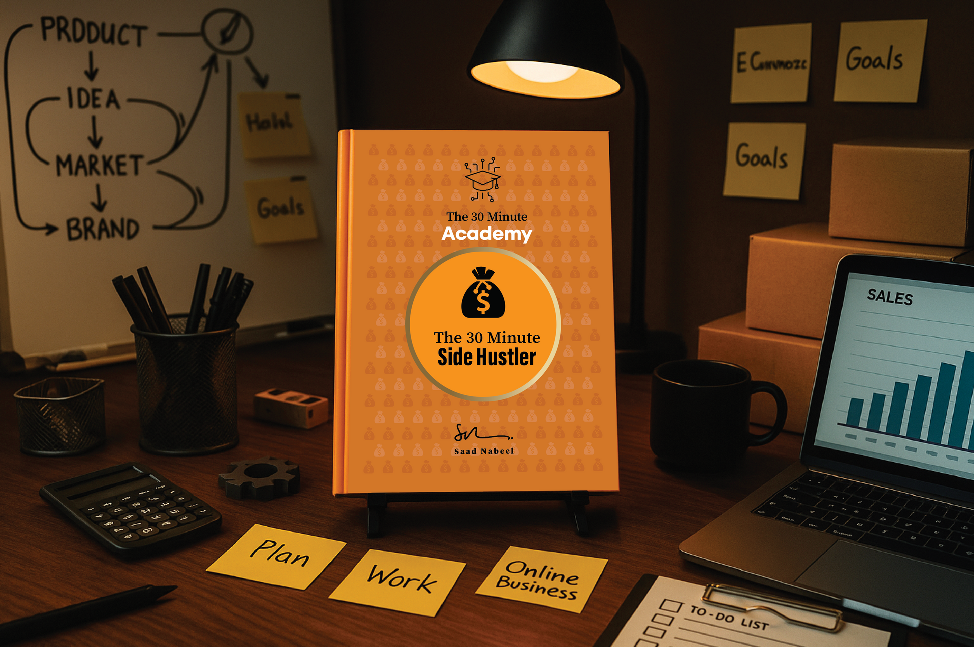 Book titled 'The 30 Minute Side Hustler' on a desk with office supplies and a laptop.